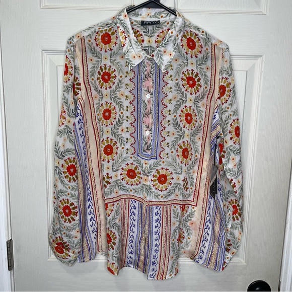 AP.NY Floral Print Roll Tab Sleeve Button-Up Shirt Sz L - Picture 2 of 7